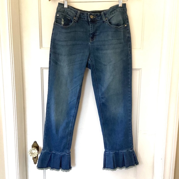 Earl Womens Jeans Flounce Hem Distressed Size 6 Blue Mid Rise Flare Straight - Picture 1 of 10